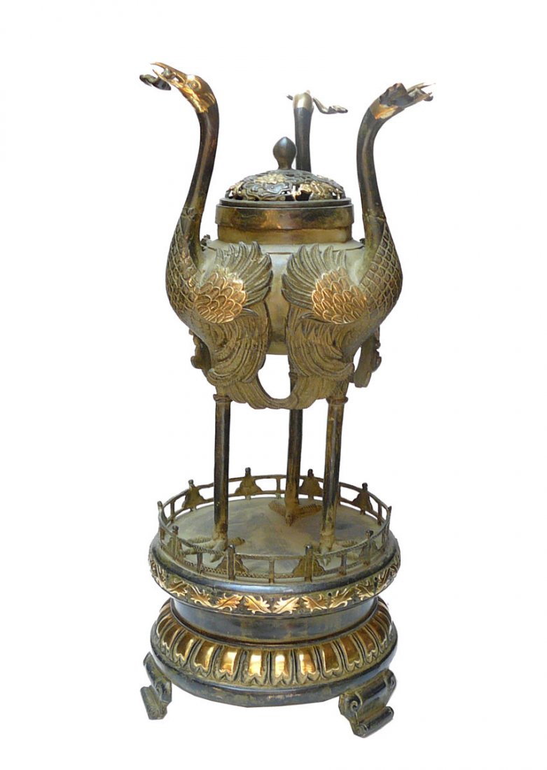 Chinese Bronze Golden Three Crane Tall Incense Burner (1 of 5)