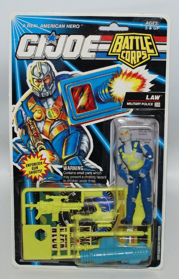 Original 1992 GI JOE Battle Corps LAW Military Police: Original 1992 Hasbro GI JOE Battle Corps #6757 LAW (Military Police #28) Action Figure, SEALED ON CARD! Battle Corps fighter with spring-action weapons. Very slight rippling on card and slight wrinkli