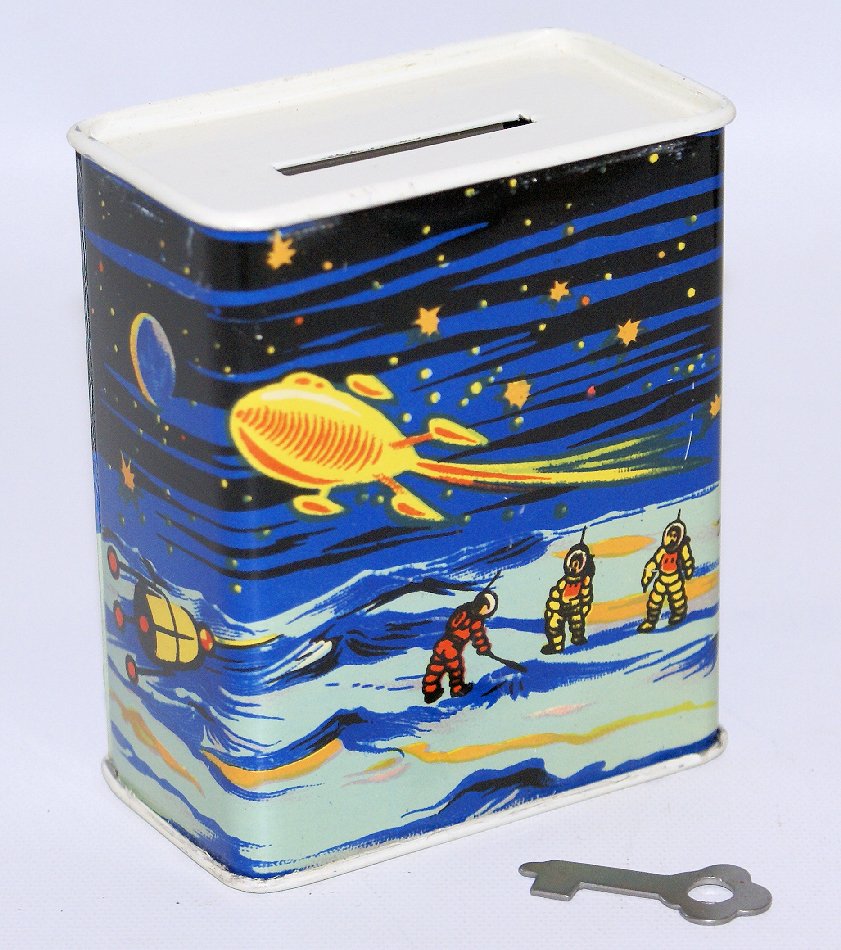 1948-50 Tin Lithographed Space Theme Coin Bank with (1 of 3)