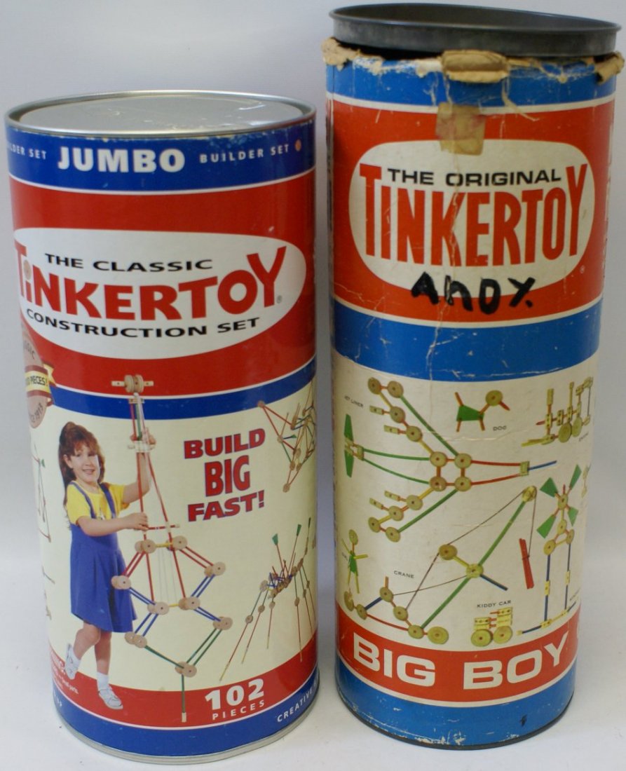 Lot of 2 Interchangeable Tinkertoy Construction: Lot of 2 Interchangeable Tinkertoy Construction Building Sets. 1st set is "The Original Tinkertoy Big Boy Set" #155. This set includes 276 of the 318 of the hardwood and plastic pieces. Copyright The