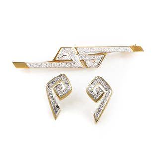 Ilias Lalaounis 18K Multi-Gold Diamond Earring & Brooch: A zany design paired with exceptional materials makes this jewelry set from Ilias Lalaounis a rare and luxurious find. The set contains a pair of earrings and a brooch. Both are made of a combination