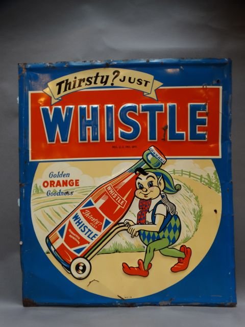 “Thirsty? Just WHISTLE” Tin Litho Soda Pop Sign 1936 (1 of 6)