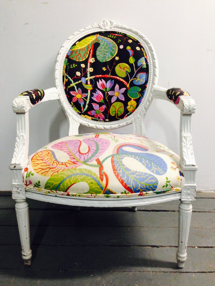 Josef Frank Fabric: Josef Frank Fabric Patterned Chair Quantity: 1 Dimensions: Seat: 16" L: 26" W: 25" H: 37" Shipping Provider: USPS, FedEx, White Glove Services Domestic: Buyer pays shipping within the Continental USA.