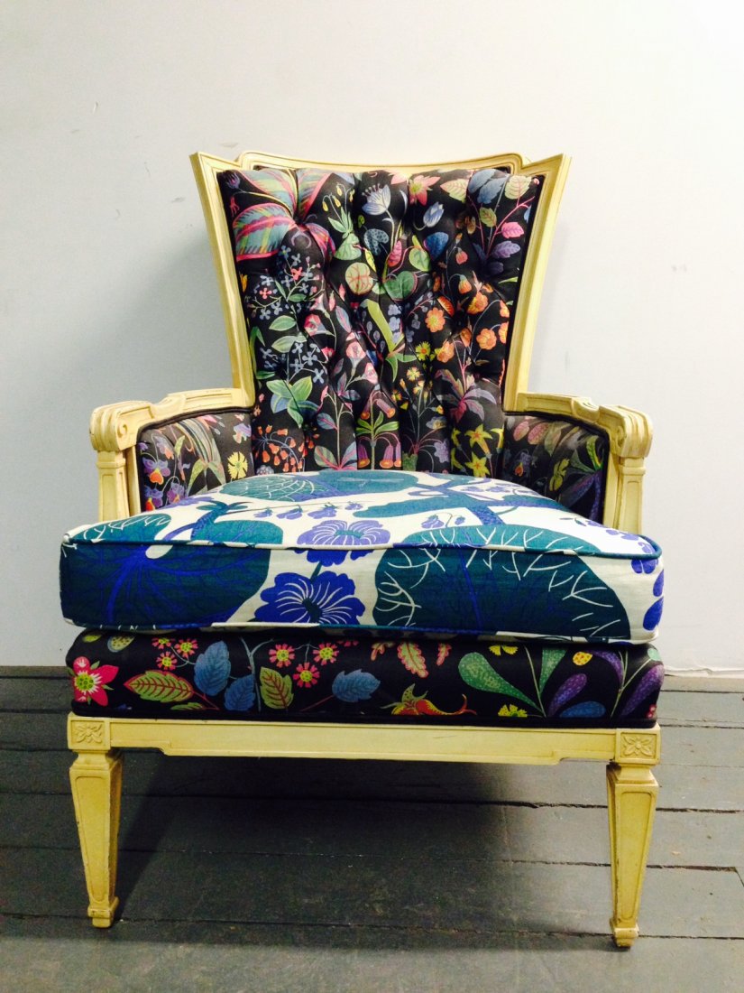 Josef Frank Fabric: Josef Frank Fabric Patterned Chair Quantity: 1 Dimensions: Seat: 19" L: 31" W: 26" H: 38" Shipping Provider: USPS, FedEx, White Glove Services Domestic: Buyer pays shipping within the Continental USA.
