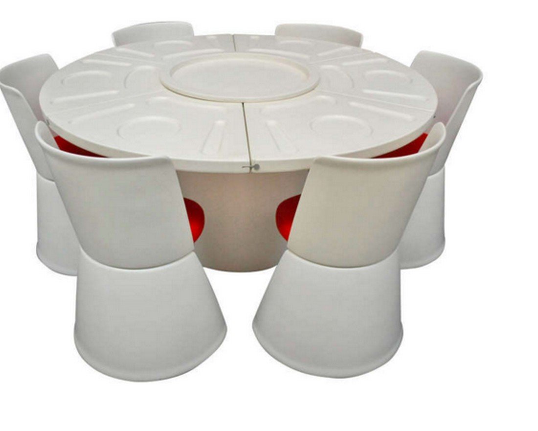 Fabio Lenci prototype dining set, model 230: Fabio Lenci prototype dining set, model 230 Bernini Italy, 1970 plastic, upholstery, enameled resin, stainless steel, pine 59 dia x 30.25 h inches Dining set includes: six chairs, six leaves and one t