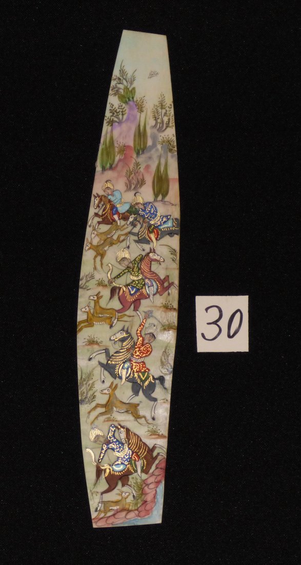 Persian Antique Miniature on Bone Painting Fine Art: Antique Persian Miniature Painting 100% Handmade (hunting, Golf, Bird or flower). This painting is made in the city of Isfahan around 50 years ago. Artist used the natural color on Bone. Inspired by t
