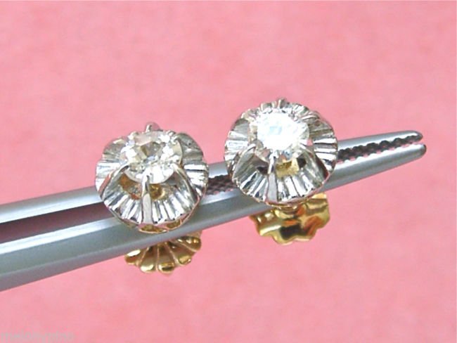 ANTIQUE .44 ctw OLD DIAMOND PLATINUM WHITE GOLD STUD: This is an ORIGINAL ANTIQUE PAIR of STUD EARRING that was in the ART DECO style during the 1930 - 1940s. They are made from PLATINUM & 18K YELLOW GOLD. The earrings are set with 1 OLD MINE CUT DIAMOND