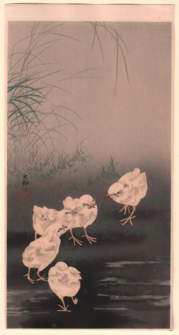 Original Japanese Woodblock print by Koson: Artist: Ohara Koson. Subject: Chicks & worm! Date: c.1910’s. Size: Measures 7.5” x 14.25” NOTE: This print from an old collection of woodblock prints in unusually fine condition. Many of these a