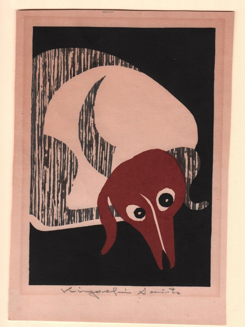 Original Japanese Woodblock print by Saito: Artist: Kiyoshi Saito (pencil signed). Subject: Dog. Date: c.1960’s. Size: Measures 7” x 10” No Reserve Buyer pays flat-rate shipping: Domestic: $12; Canada: $25; International: $45.