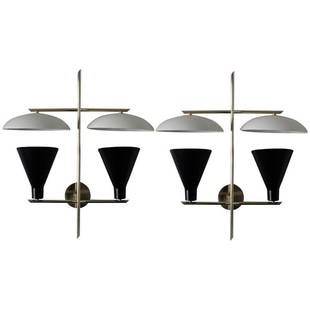 Pair Roberto G Rida Sconces: Pair of Spectacular Limited edition Sconces by Roberto Giulio Rida. Black shades with white enamel deflector, brass structure and fittings. Measurement Height: 27" / 68.58cm Depth: 11" / 27.94cm Width