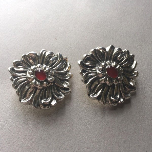 Sterling Silver "Repousse" Chrysanthemum Earrings By: Sterling Silver "Repousse" Chrysanthemum Earrings By Galmer Sterling silver with 24k gold vermeil backs, clip-on, very comfortable. The stone is carnelian cabochon. Shipping Domestic: Shipping is free