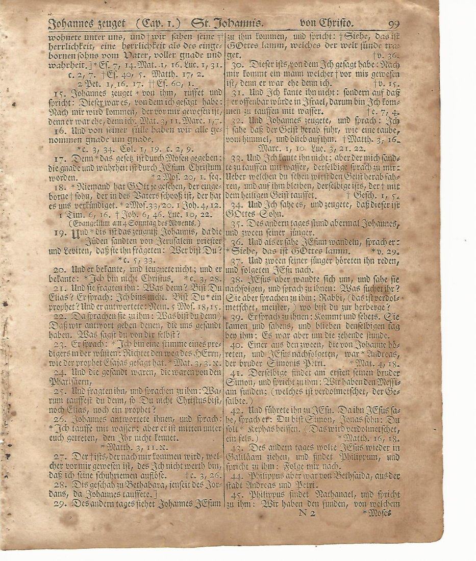 1776 Gun Wad Bible Leaf Revolutionary War John: An original leaf from what is known as the "gun wad" bible, printed by Christoph Saur at Germantown in Pennsylvania during the revolutionary war in 1776. This leaf is in German Fraktur was printed in 