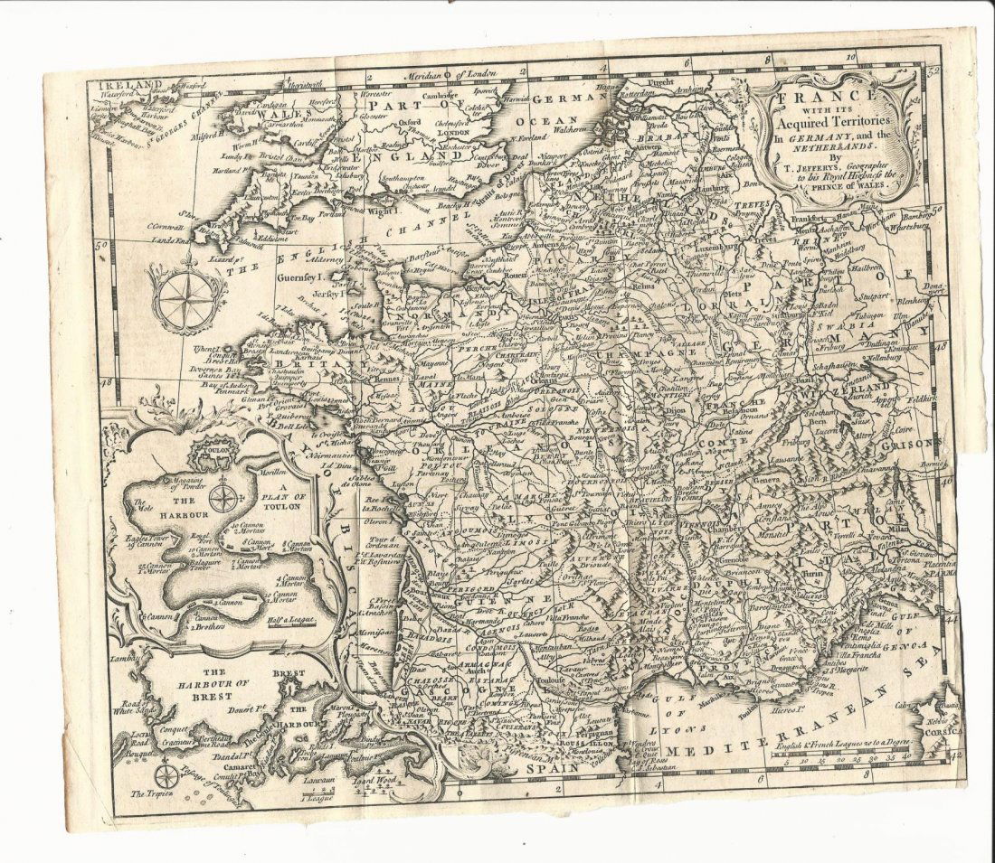 1747 Fine Folding Map of France: 1747 Map “France with its Acquired Territories in Germany and Netherlands”, by T. Jefferys, engraved for Gentleman’s Magazine, 1747. Folding map in Fine condition, fold along right margin, measu