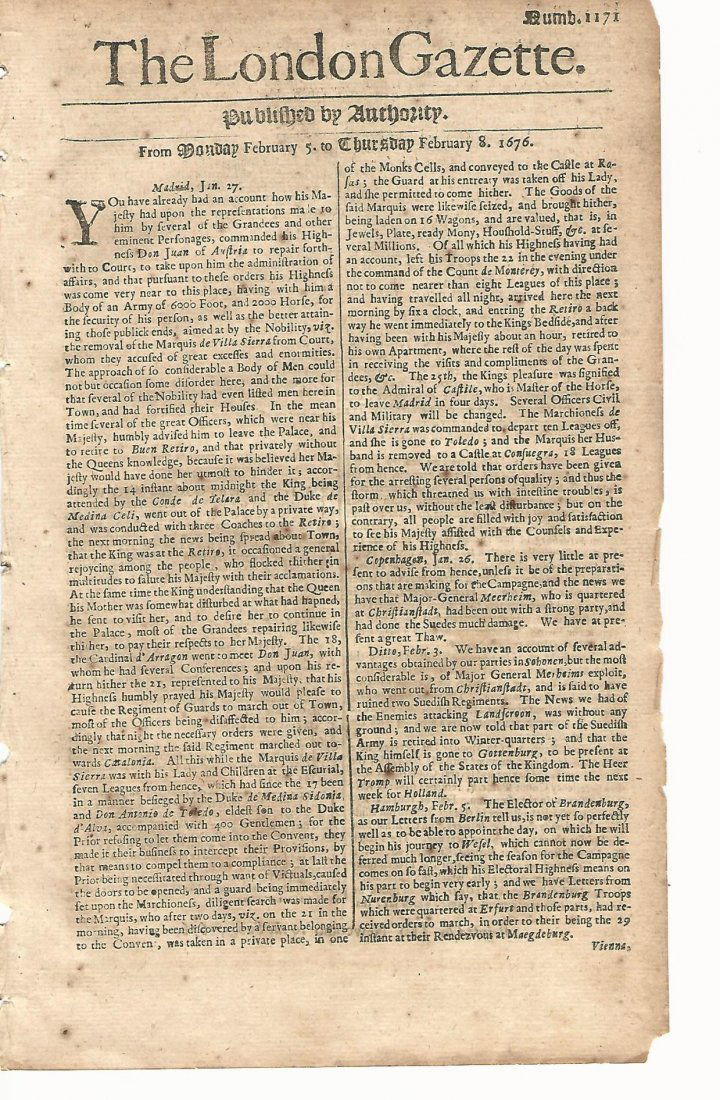 1676 London Gazette Newspaper (1 of 2)