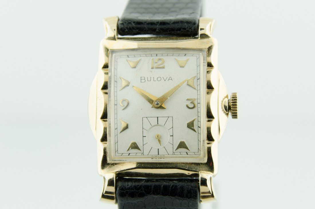 Mens Solid Gold Bulova Deco Watch: Art deco case 14K solid gold Circa 1940's Shipping Provider: FedEx and USPS Domestic: Free shipping within the Continental USA! International: Buyer pays for International shipping! Location: Item shi