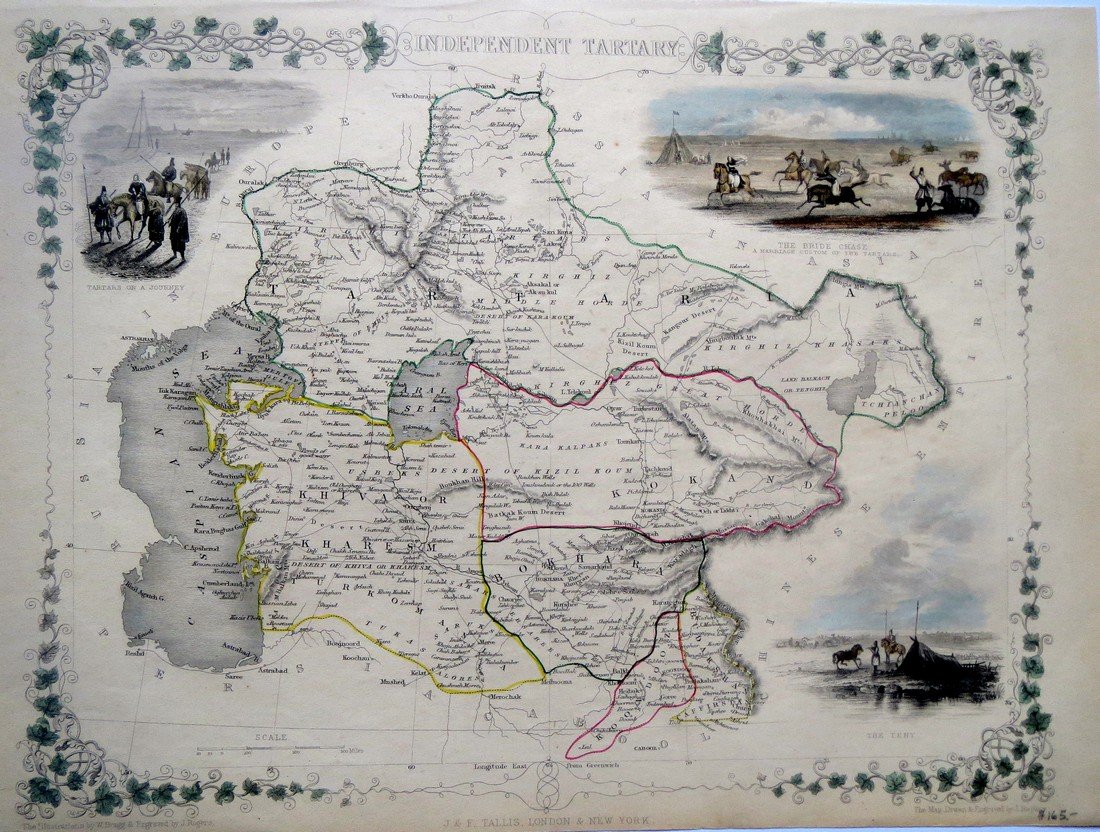 Independent Tartary (Central Asia), 1851: Original engraving by J. Rapkin, published by John Tallis, 1851. Original hand outline color with decorative border. Map features insets of Tartars on a Journey, The Bride Chase (A marriage custom), a