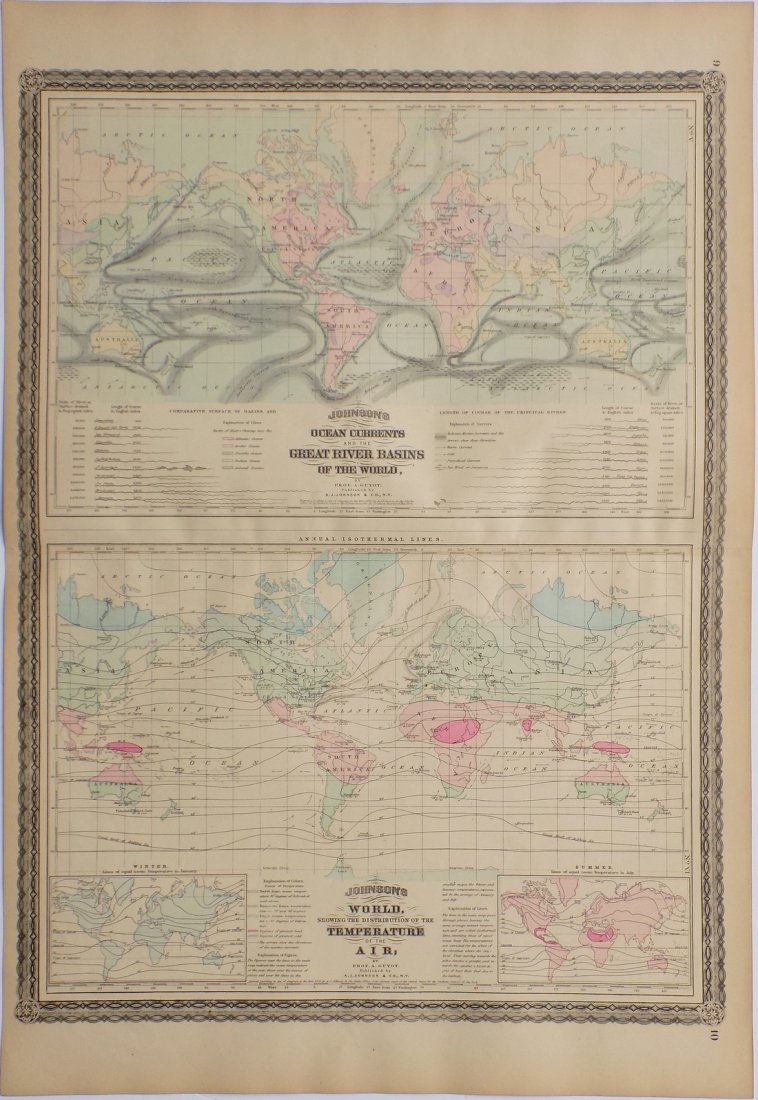 World Map of Ocean Currents & Air Temperatures, 1867: Original engraving from "New Illustrated Family Atlas of the World" published by A.J. Johnson, 1867. Wonderful original color. Great detail showing ocean currents and river basins of the world on uppe