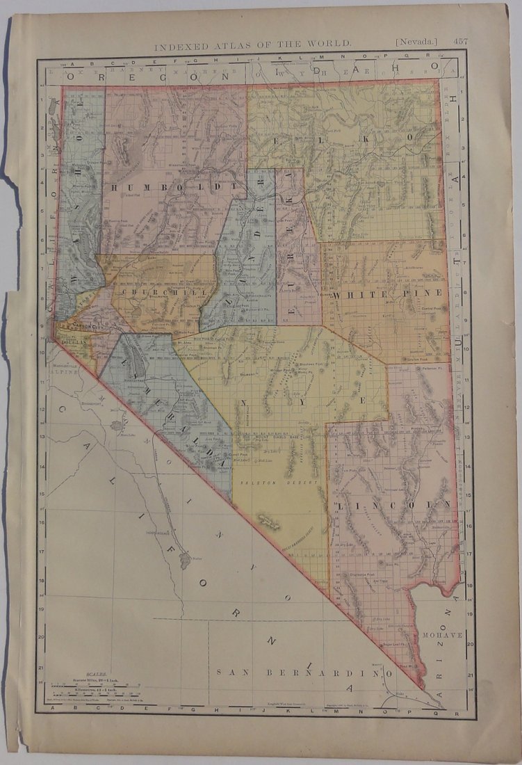 Map of Nevada, 1895: Original engraving from Atlas of the World by Rand McNally, 1895. Map includes counties, geographical landmarks, streets and population data. Dimensions: 21 1/4" x 14" No Reserve Buyer pays shipping. 