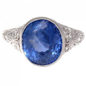 Art Deco Natural 6.36 Sapphire Diamond Platinum Ring (1 of 4)