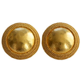 Lalaounis Gold Ear Clips: A wonderfully simple hammered gold design with the deep yellow color of gold that Lalaounis is known for. Material: 18k Gold Category: Late 20th Century Clip-on Earrings Brand: Ilias Lalaounis" Authen