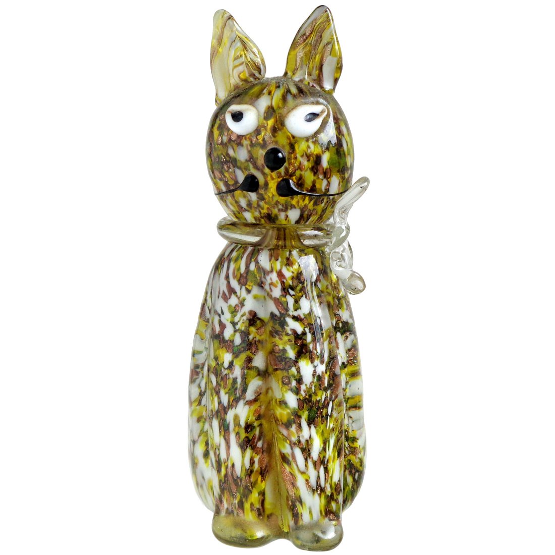 Fratelli Toso Murano Aventurine Yellow Kitty Cat Figure: No Reserve - Very cute Murano hand blown yellow, white and copper aventurine spots art glass kitty cat figurine / sculpture. Documented to the Fratelli Toso company, and still retains the original Mur