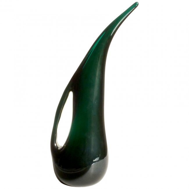 Giorgio Ferro Murano Anse Volante Iridescent Art Glass: No Reserve - Very Rare Murano hand blown deep green and flashed iridescent art glass abstract pitcher vase. Documented as a Giorgio Ferro "Anse Volante" piece for the A.Ve.M. (Arte Vetraria Muranese)