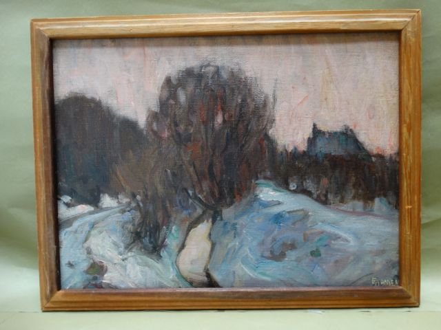 Ejnar Hansen Wisconsin Winter: From the Hansen estate. rare early expressionism by a great painter. Circa 1919 and signed on the back as well as titled and dated. Stretcher bar marks led us to reline and restore this masterpiece. C