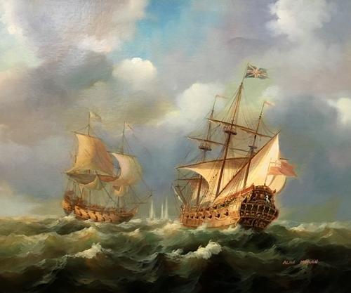 CAPTIVATING OLD TIME BRITISH NAVAL SHIP MARITIME BATTLE: FASCINATING OLD TIME BRITISH NAVAL SHIP MARITIME BATTLE SCENE. ORIGINAL OIL ON CANVAS BY ALAN MORAN. SUBJECT OF THIS PAINTING IS OF A MARITIME BATTLE SCENE, DEPICTING AN OLD TIME BRITISH NAVAL BATTLES