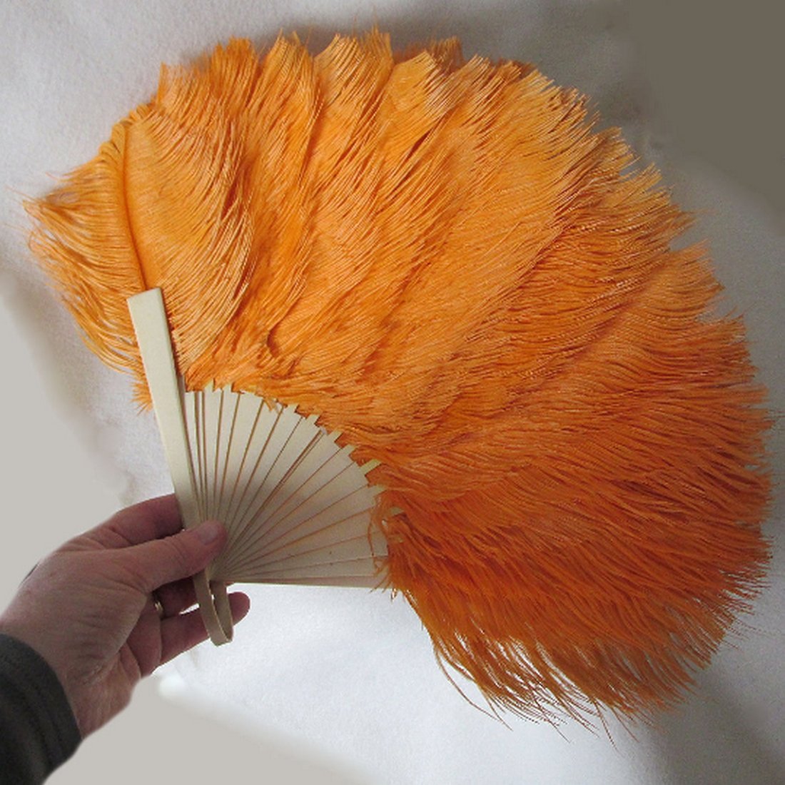Art Deco Ostrich Ladies Fan, Vanity Accessory: An antique Art Deco Ladies fan. The fan has celluloid sticks and orange ostrich feathers. It measures 17 1/2" wide when opened. Shipping Domestic: Shipping & Insurance is $10.00 within the USA. Intern