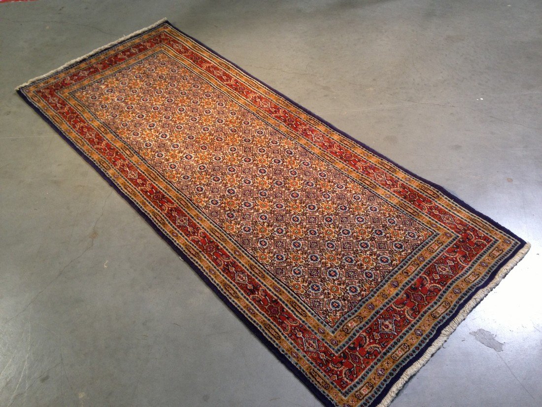 3X6 HAND KNOTTED WOOLTRADITIONAL PERSIAN "MOOD": 2'.7"X5'.6" Authentic Hand Knotted 100% Veggie Dye Natural wool Pile in traditional Persian "Mood" pattern rug in rustic red, navy blue, green, white and antique mustard colors Hand Knotted in Iran No