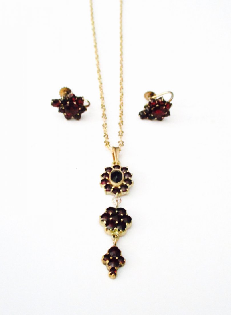 Jewelry Set - Bohemian Garnet Screw-Back Earrings: Jewelry Set - Bohemian Garnet Screw-Back Earrings With Pendant/Necklace from the 1940's American. . Bohemian garnet screw back 1/2 inch wide earrings with Bohemian garnet pendant on a 16-Inch brass ch