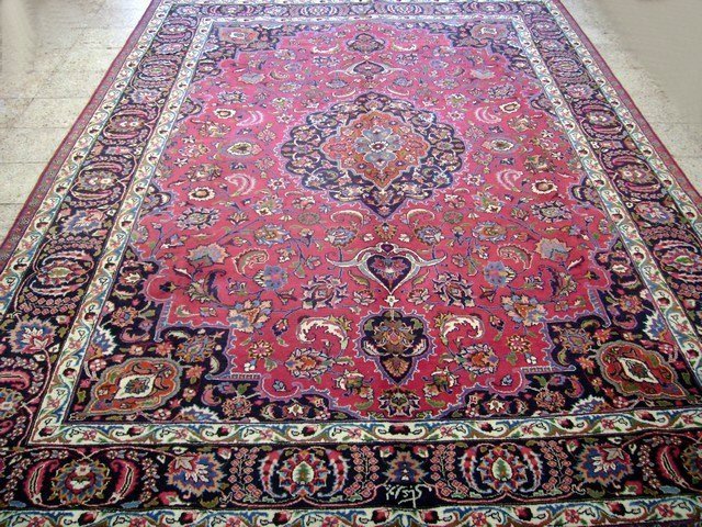 9x12 Persian Mashad Rug Hand knotted Delightful: Rug #:7012, Condition:Excellent, Exact Size: 8' 7'' x 12' 3'', Area Rug Size: 9x12, Age:1970s, Material: Wool on Cotton Foundation, Design:Mashad, Rug Handmade in Iran. You'll marvel at the details an