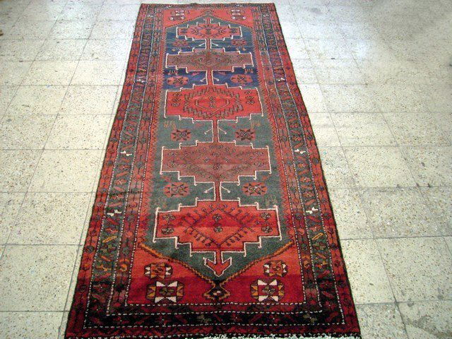 4x9 Persian Hamadan Runner Rug Hand knotted Traditional: Rug #:7168, Condition:Excellent, Exact Size: 3' 7'' x 9' 5'', Area Rug Size: 4x9, Age:1970s, Material: Wool on Cotton Foundation, Design:Hamadan Runner, Rug Handmade in Iran. You'll marvel at the deta