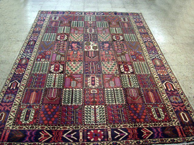 7x10 Persian Bakhtiar Rug Hand knotted genuine rugs: Rug #:7418, Condition:Excellent, Exact Size: 6' 10'' x 10' 1'', Area Rug Size: 7x10, Age:1970s, Material: Wool on Cotton Foundation, Design:Bakhtiar, Rug Handmade in Iran. You'll marvel at the details
