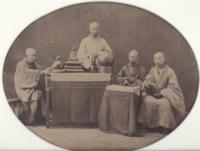 Chinese Monks, c1865: Description: Chinese Monks, c1865. Condition: Fair contrast and tonality, edge fading Year: c1865 Country: China Maker: John Thompson Height: 8.5 in. (21.59 cm) Width: 10.75 in. (27.31 cm) Materials:
