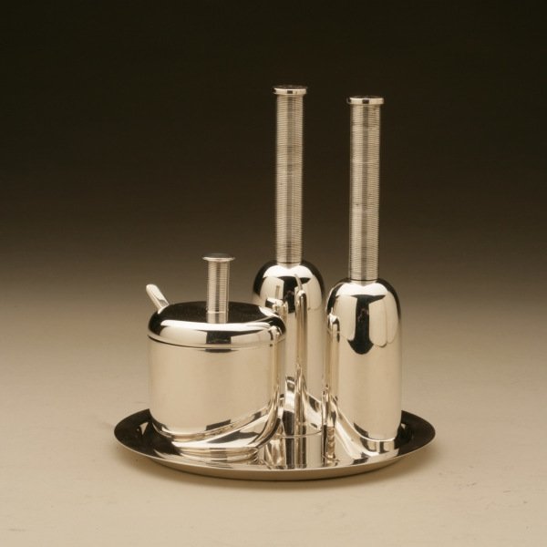 Frantz Hingelberg Sterling Silver Modernist Cruet Set: Frantz Hingelberg Sterling Silver Modernist Cruet Set Designed by Svend Weihrauch Cruet set comprised of condiment pot with blue glass liner and spoon, salt and pepper shakers, and tray. Very heavy. P