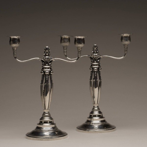 Georg Jensen Sterling Silver Candelabra 481A by Johan: Georg Jensen Sterling Silver Candelabra 481A by Johan Rohde Very Rare Designed in 1927. Each on a circular, domed and stepped base, rising to an openwork berry and foliate stem, the reeded branches wi