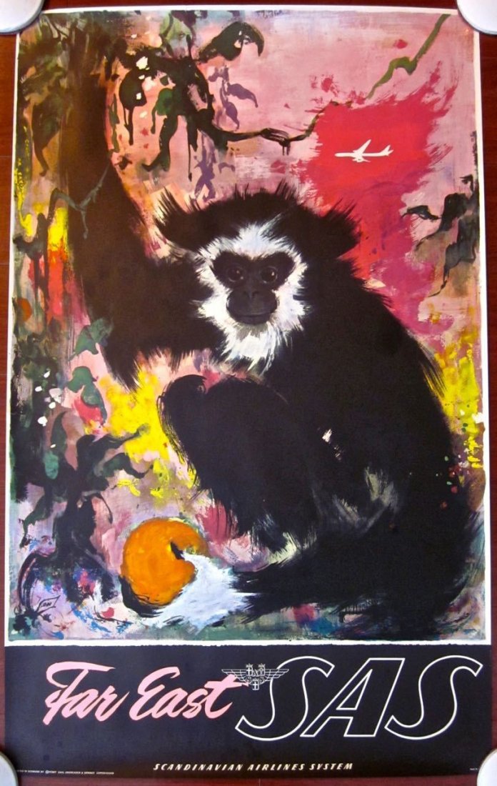 FAR EAST BY SAS - ORIGINAL 1960'S TRAVEL POSTER - OTTO: FAR EAST BY SAS - ORIGINAL 1960'S TRAVEL POSTER - OTTO NEILSEN FUN MONKEY ART!! Original 1960's Travel Advertising poster (24 1/4" x 39") Poster has some border wear, corner bend and slight surface wr