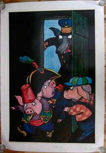 VINTAGE 1971 THREE LITTLE PIGS LB POSTER - CUTE CARTOON: VINTAGE THREE LITTLE PIGS POSTER - TOMI UNGERER ARTWORK (1971) Original Three Little Pigs Linen Backed Poster Measuring (25 1/4 x 37 3/4) Artwork by Tomi Ungerer Circa 1971, Darien House Inc. New