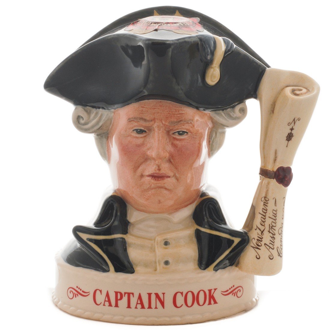 Royal Doulton Character Jug Derivative Captain Cook: Royal Doulton Character Jug Derivative Captain Cook Liquor Container, H. 4.75" No Reserve Flat shipping rate within the Continental USA. Additional shipping and handling fees will apply for Internatio