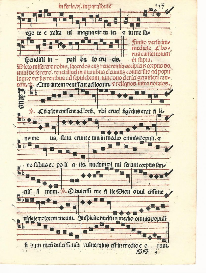 1567 Leaf Catholic Hymnal Music: 1567 printed hymnal leaf in red and black from “Sacerdotal ad Consuetudinem Sacro Sancte…”, printed at Venice by Petri Liechtenstein. Fine, measures 6 x 8.5”. No Reserve Free shipping for this