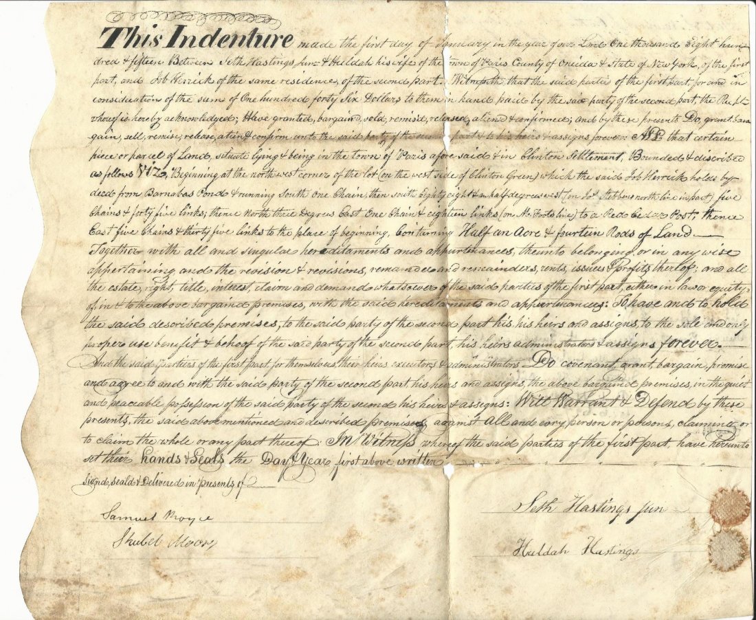 1815 Vellum Manuscript Deed Oneida New York: 1815 Manuscript deed on vellum pertaining to the conveyance of a tract in the Clinton Settlement at Oneida in New York between Seth Hastings Junior and his wife Huldah, and Job Herrick. Neatly penned 