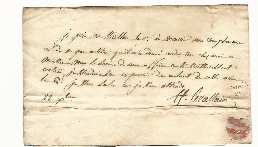1794 Folded Letter water Street New York: 1794 folded letter to an attorney last name of Walton located at 269 Water Street (New York) from a M. Levallain. One page. Very Good, measures 5.5 x 7”. No Reserve Free shipping for this item withi