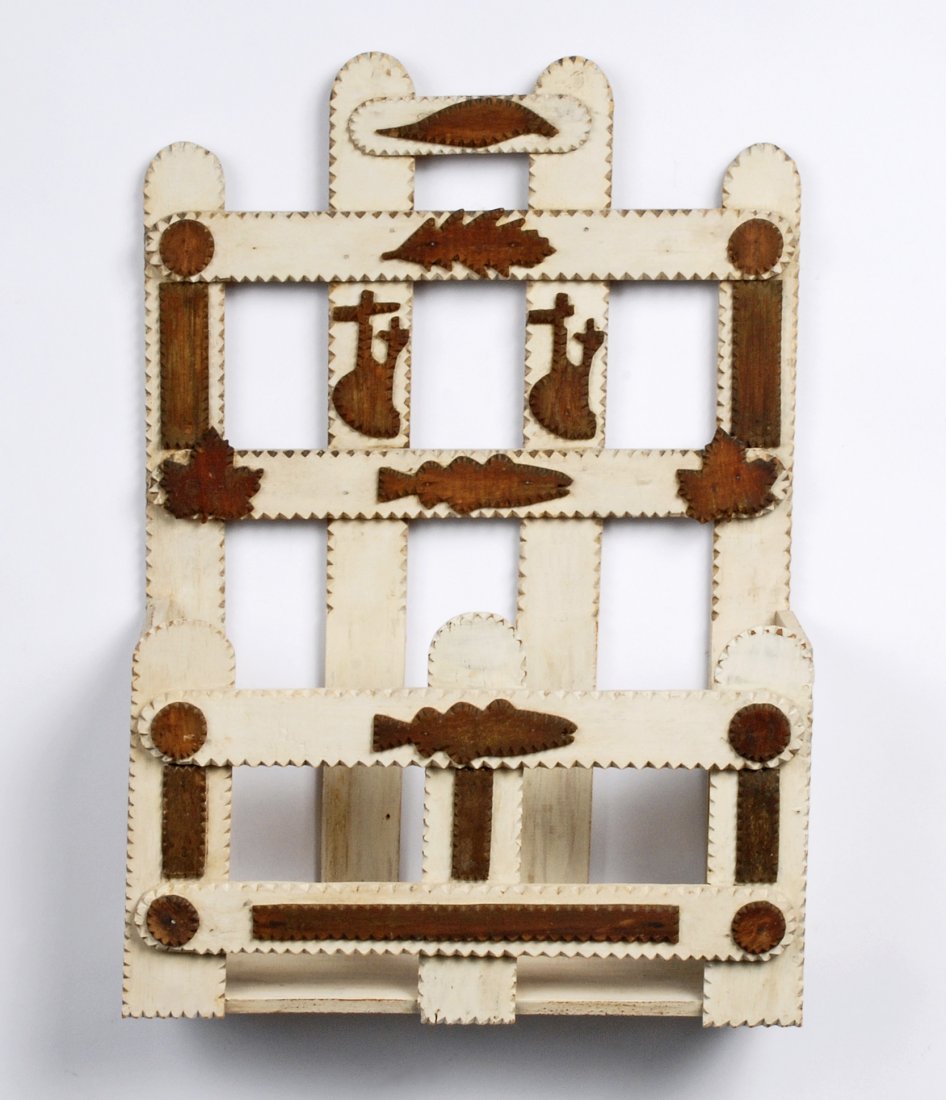 Painted Tramp Art Wall Pocket with Carved Fish (1 of 4)