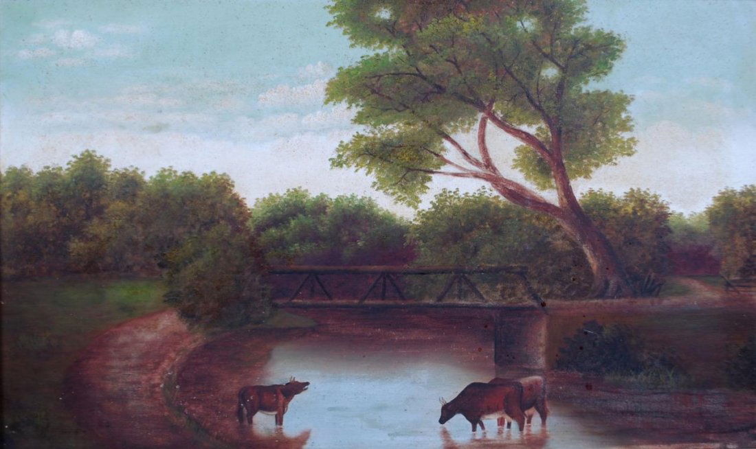 Antique Early Oil Painting Landscape: Cows in Water (1 of 4)