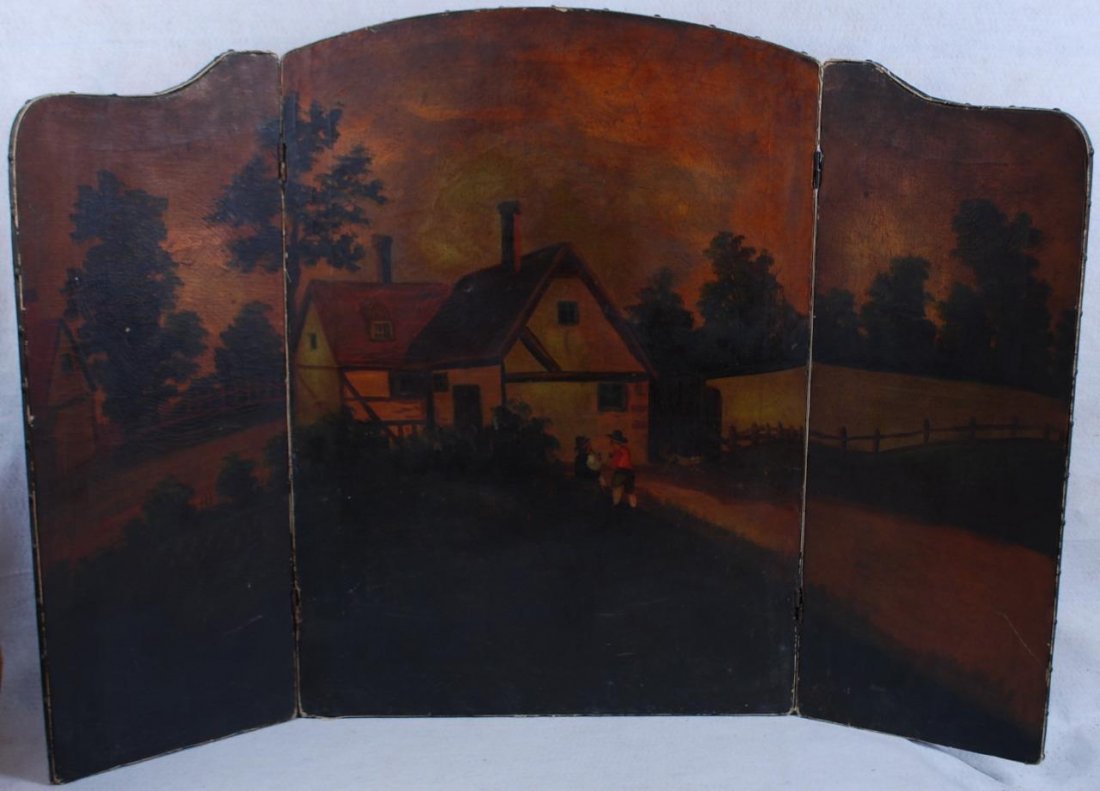Tri Fold Antique Oil on Canvas Painted Fireplace Screen (1 of 4)