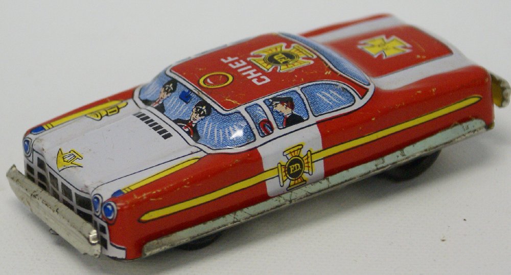 Vintage Tin Litho Friction FIRE CHIEF Penny Toy Car, by (1 of 2)