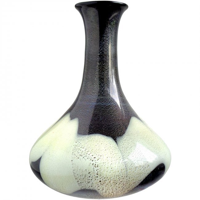 Murano Black White Silver Flecks Art Glass Flower Vase (1 of 4)