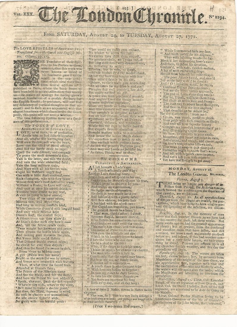 1771 London Chronicle Newspaper: The London Chronicle for August 24-27, 1771, eight pages complete. News of the day from England and abroad and several ads and notices. Fine, measures 8.5 x 11”. No Reserve Free shipping for this it