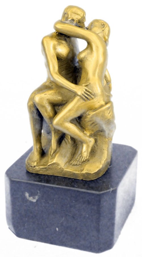 Bronze Sculpture: Lovers Kissing: Object Description: The Kiss, was originally titled Francesca da Rimini, as it depicts the 13th-century Italian noblewoman immortalised in Dante. Method: This gold color bronze sculpture was molded us